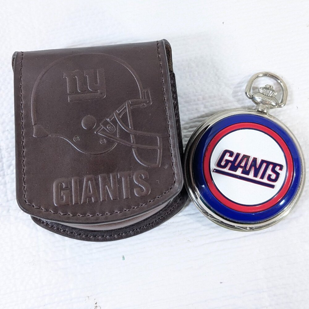 Danbury Mint NFL New York Giants Pocket Watch in Leather‎ Case Belt Pouch